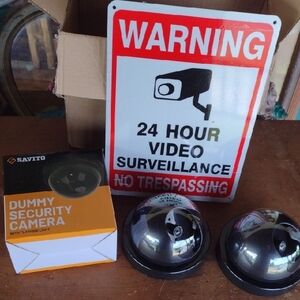 SavitoMotion Activated Dummy Security Camera Pair with Metal Warning Sign NWT